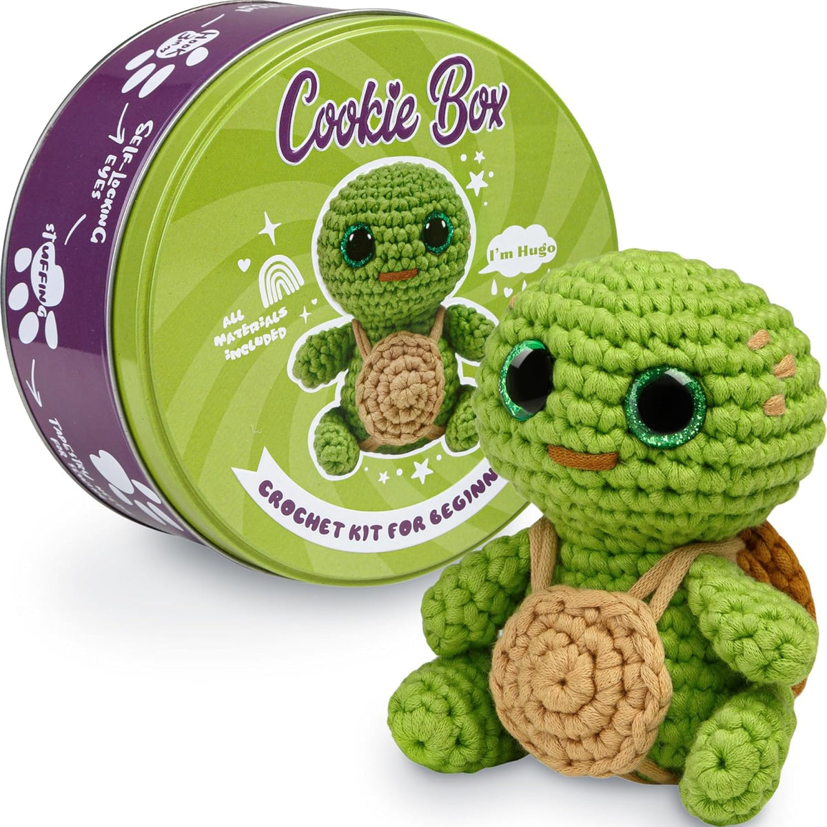 Cookie Box Crochet Kit for Beginners – Gift Set to Make Turtle Hugo Amigurumi Plushie – Easy DIY Crochet & Knitting Starter Kit with Video and PDF Tutorials