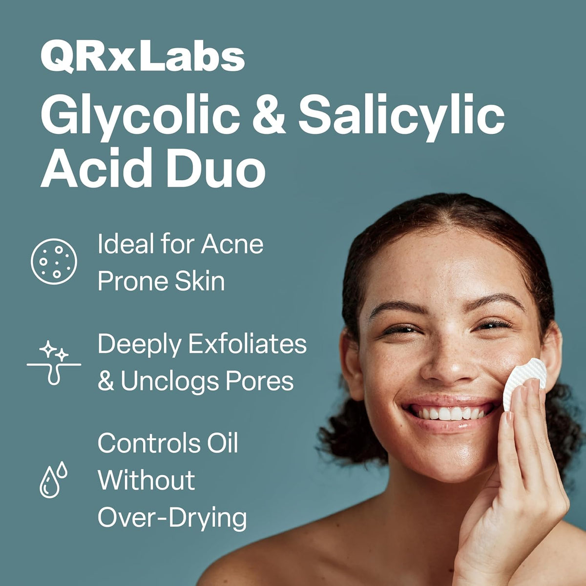 QRxLabs Salicylic & Glycolic Acid Pads (2% Salicylic & 10% Glycolic) - Acne Pads for Face & Bacne with Vitamins B5, C & E, Calendula & Green Tea - Face Exfoliator - 50 Count Jar
