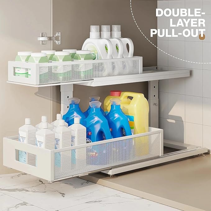 2 Pack 18.5IN-Depth Under Sink Organizer With Next-Gen Ball-Bearing Slides,2-Tier Pull Out Cabinet Storage,Height Adjustable Drawer Shelf for Bathroom,Kitchen,Laundry,Cabinet,Pantry-White