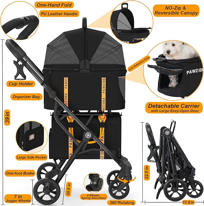 PAWZIDEA Double Pet Stroller with 2 Detachable Carriers, Portable Dog Crate for Car Travel & TSA-Approved Expandable Cat Carrier, Foldable Lightweight Jogger Stroller for 2–4 Cats or Small/Medium Dogs