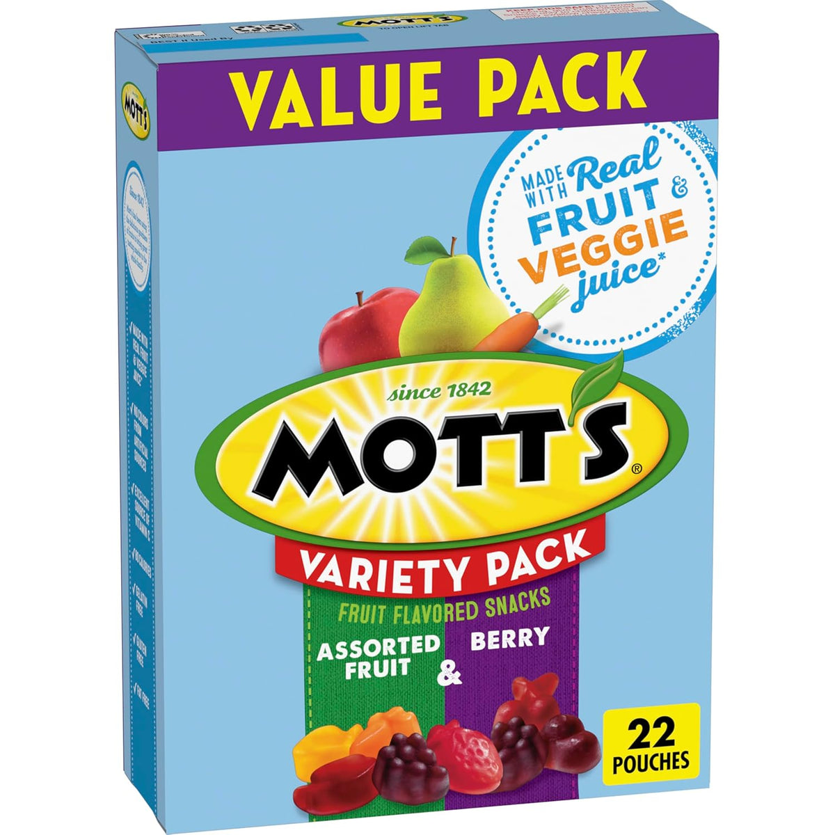 Mott's Fruit Flavored Snacks, Berry and Assorted Fruit, Gluten Free Snack, Value Pack, 22 Ct, 17.6 oz