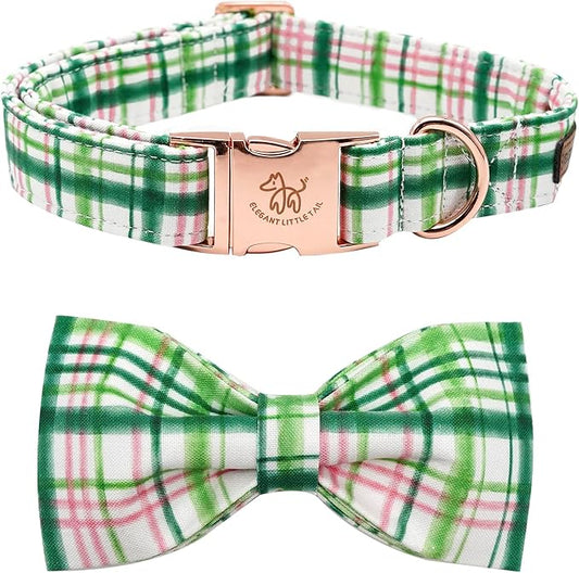 Elegant Little Tail Dog Collar with Pink & Green Plaid Bow - Cute Bowtie, Adjustable X-Small Puppy & Cat Collar