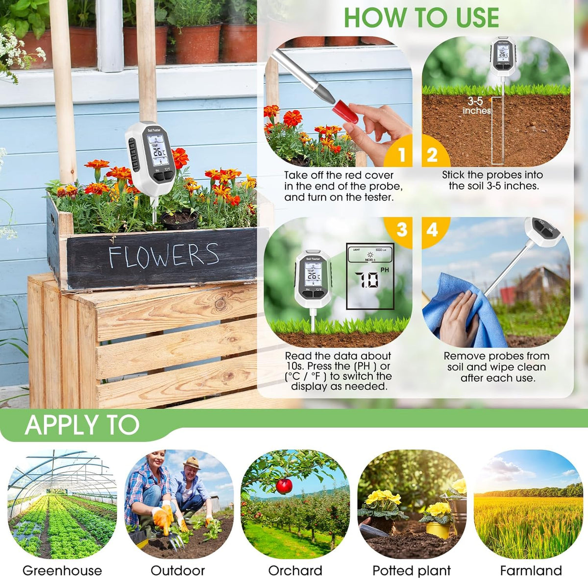 4-in-1 Soil Moisture Meter, Digital Plant Temperature/Soil Moisture Test & PH Meter/Sunlight Intensity, Backlight LCD Display for Gardening, Farming and Outdoor Plants