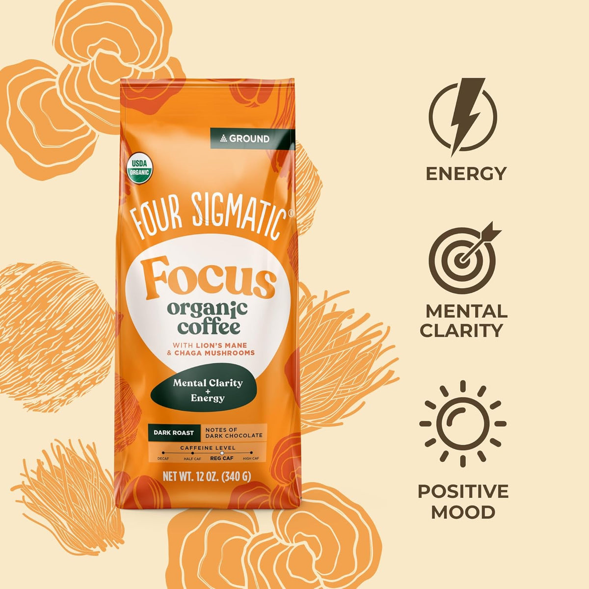 Four Sigmatic Focus Mushroom Coffee | Organic Ground Coffee with Lion's Mane Mushroom and Chaga for Better Focus and Immune Support | 12oz Bag