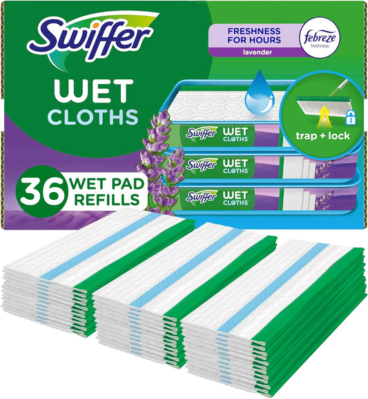 Swiffer Sweeper Wet Mopping Cloth Multi Surface Refills, Mops for Floor Cleaning, Febreze Lavender Scent, 36 Count