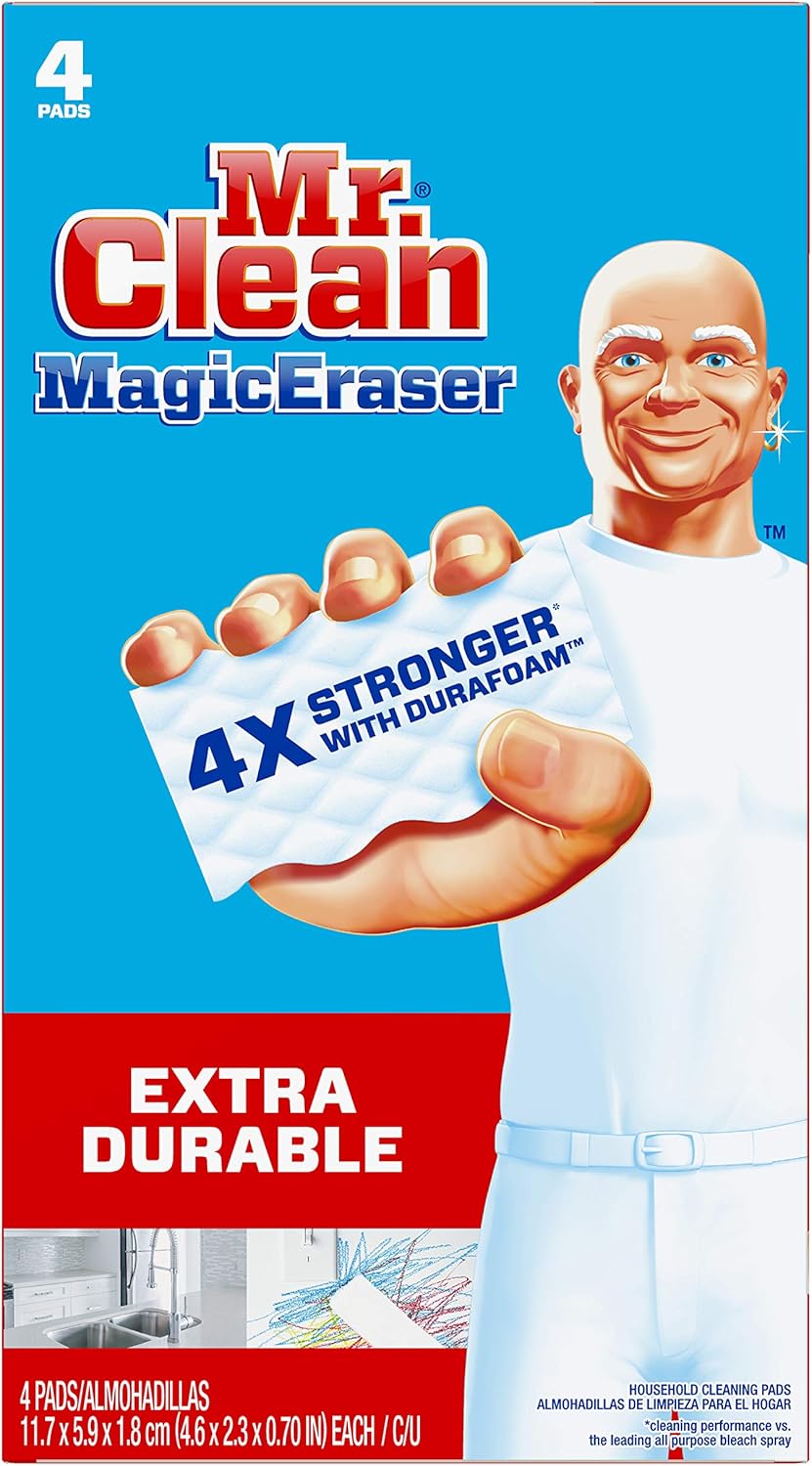 Mr. Clean Magic Eraser Sponge, All Purpose Cleaner, Cleaning Scrubber, Wall Cleaner, Sneaker Cleaner, Kitchen, Bathroom, Shower Cleaning Supplies, Melamine Sponge, Cleaning Pads, Extra Durable, 4ct