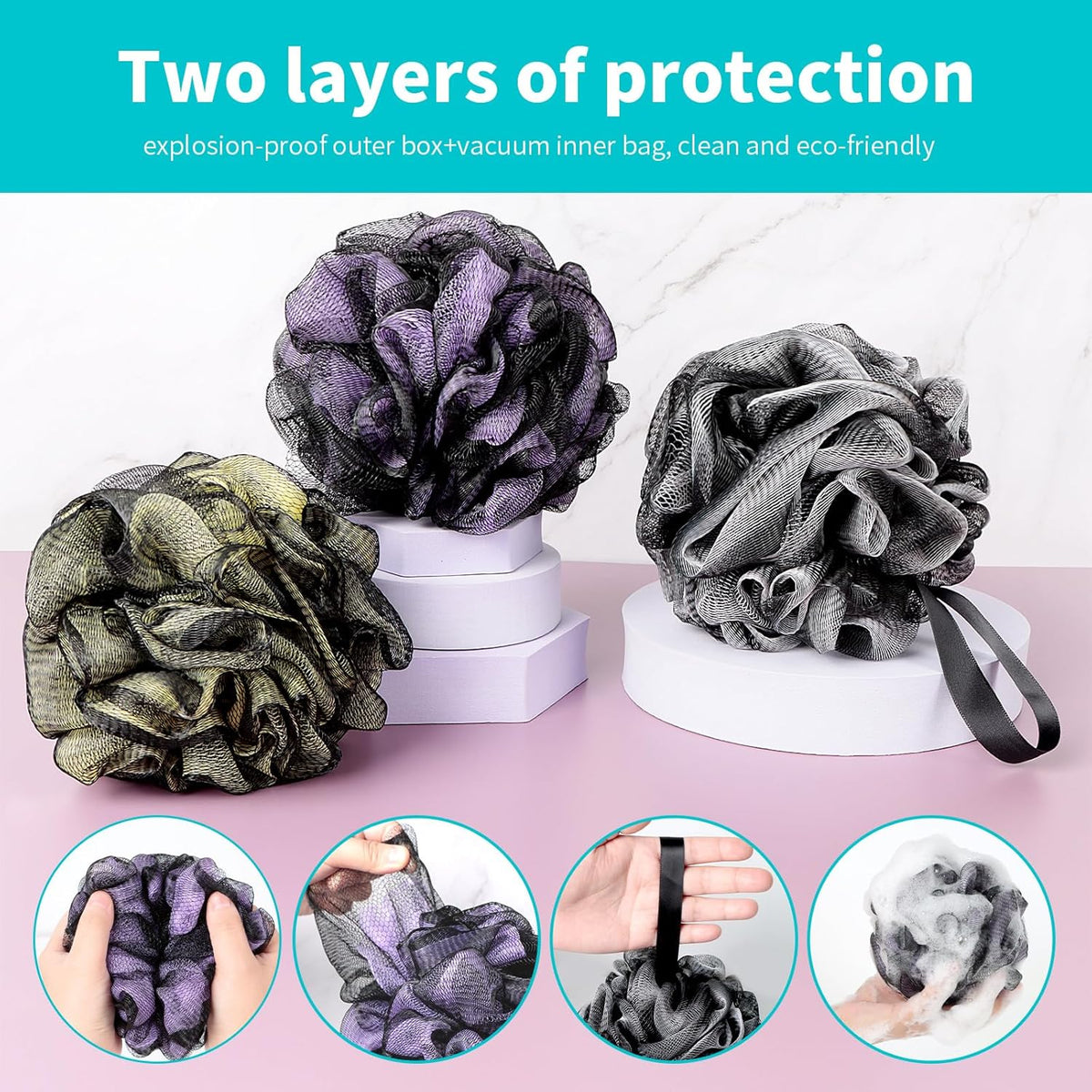 Bath Loofah Shower Sponge Body Back Scrubber Soft Mesh Shower Puffs Exfoliating Loofa for Women & Men Bath Accessories Cleaning Tool (Pack of 4 60G Loofah, Dark Elf)