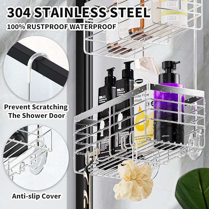 SHANSHUI Shower Hanging Caddy, Double Bathroom Showers Organizer Basket, Shampoo Bracket, Over Door Shower Rack with Hooks, 304 Stainless Steel Rustproof