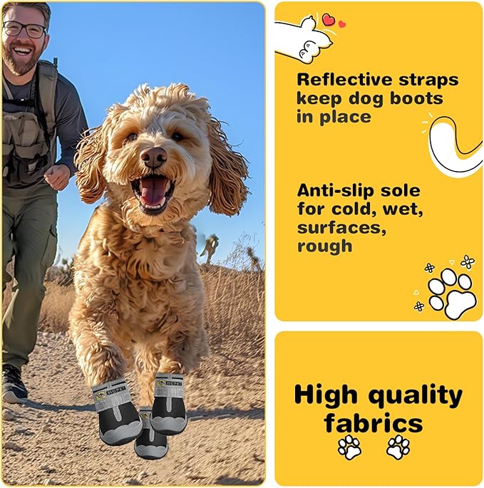 Hcpet Dog Shoes for Large Dogs, Waterproof Dog Booties for Small Medium Dogs, Anti-Slip Dog Boots & Paw Protectors for Hot Pavement Winter Snow Hiking with Reflective Straps Black Size 4