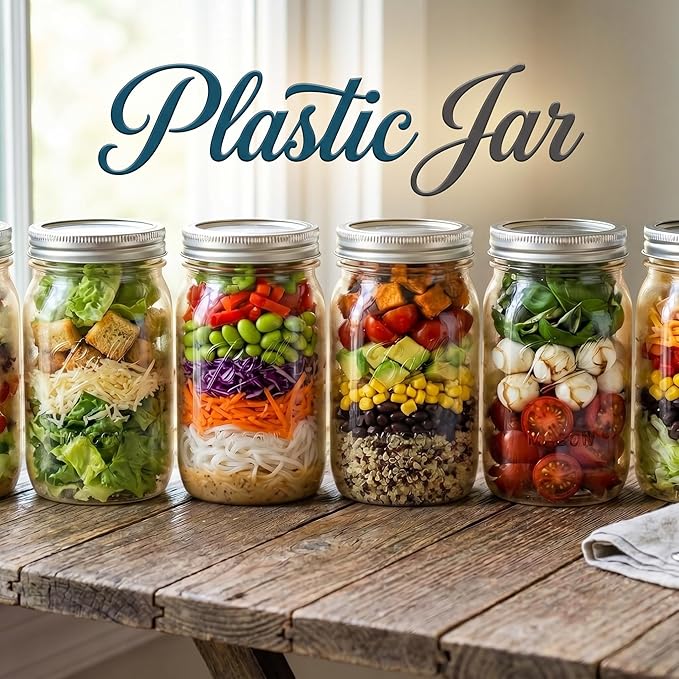 novelinks 32 oz Mason Jars with Plastic Lids, 8 Pack Large Plastic Salad Jars with Lids 32oz, Reusable Spice Containers & Kitchen Jars for Pantry Organization (8 Pack,Silver)