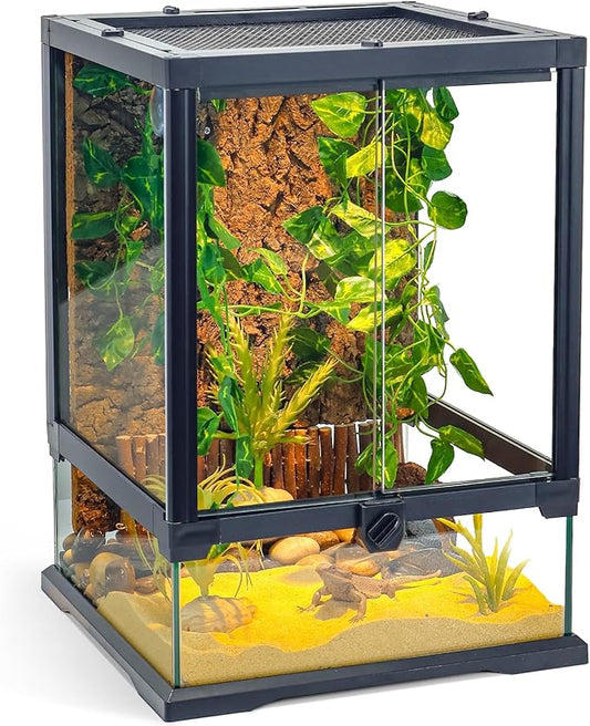 Full Glass Panoramic Vivarium for Crested Gecko Tank, Snake Enclosure, Reptile Cage with Front Door, Enhanced Ventilation & Concealed Wiring Holes 12.6" L x 12.6" W x 18" H