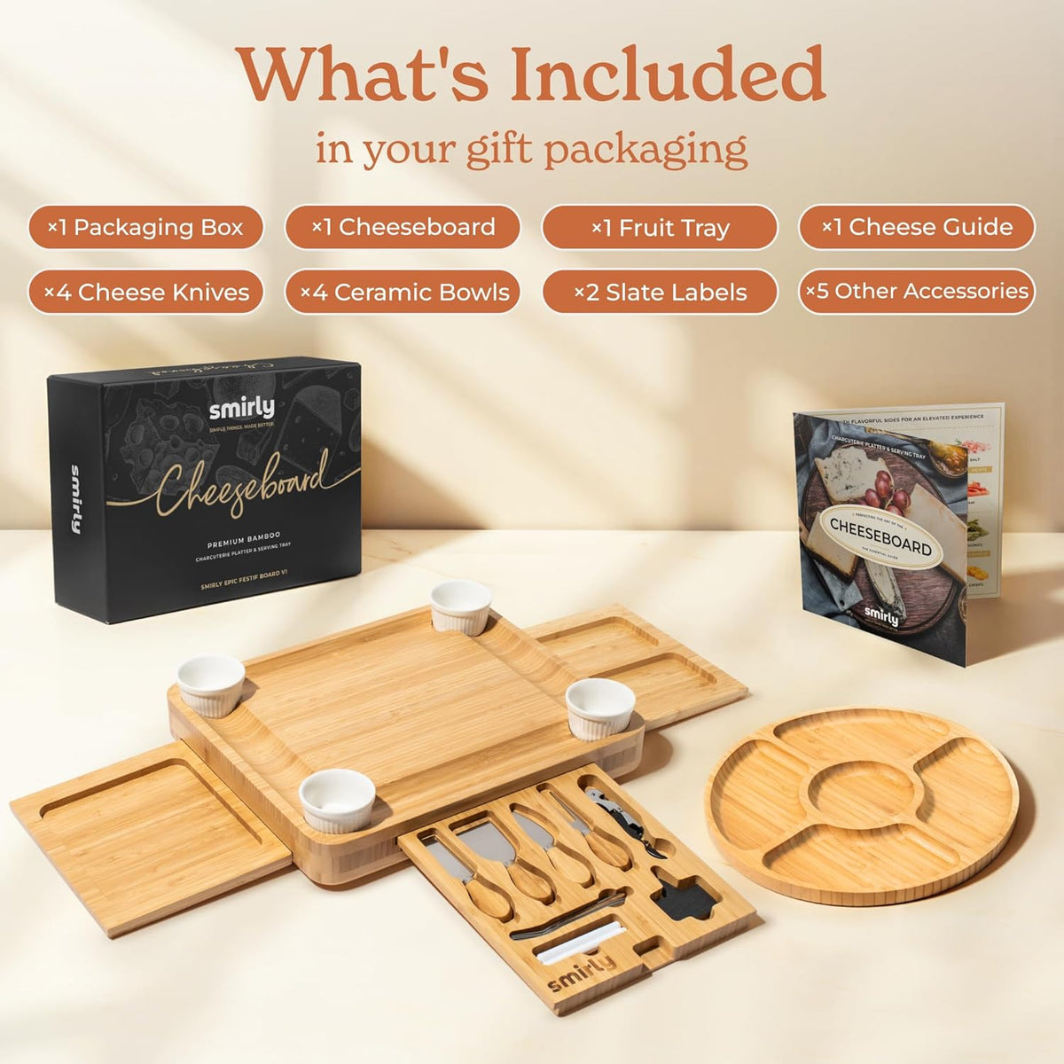 SMIRLY Charcuterie Boards Set - Large Bamboo Cheese Board Set - House Warming Gifts New Home, Wedding Gift for Couple, Bridal Shower Gift, Birthday Gifts for Women