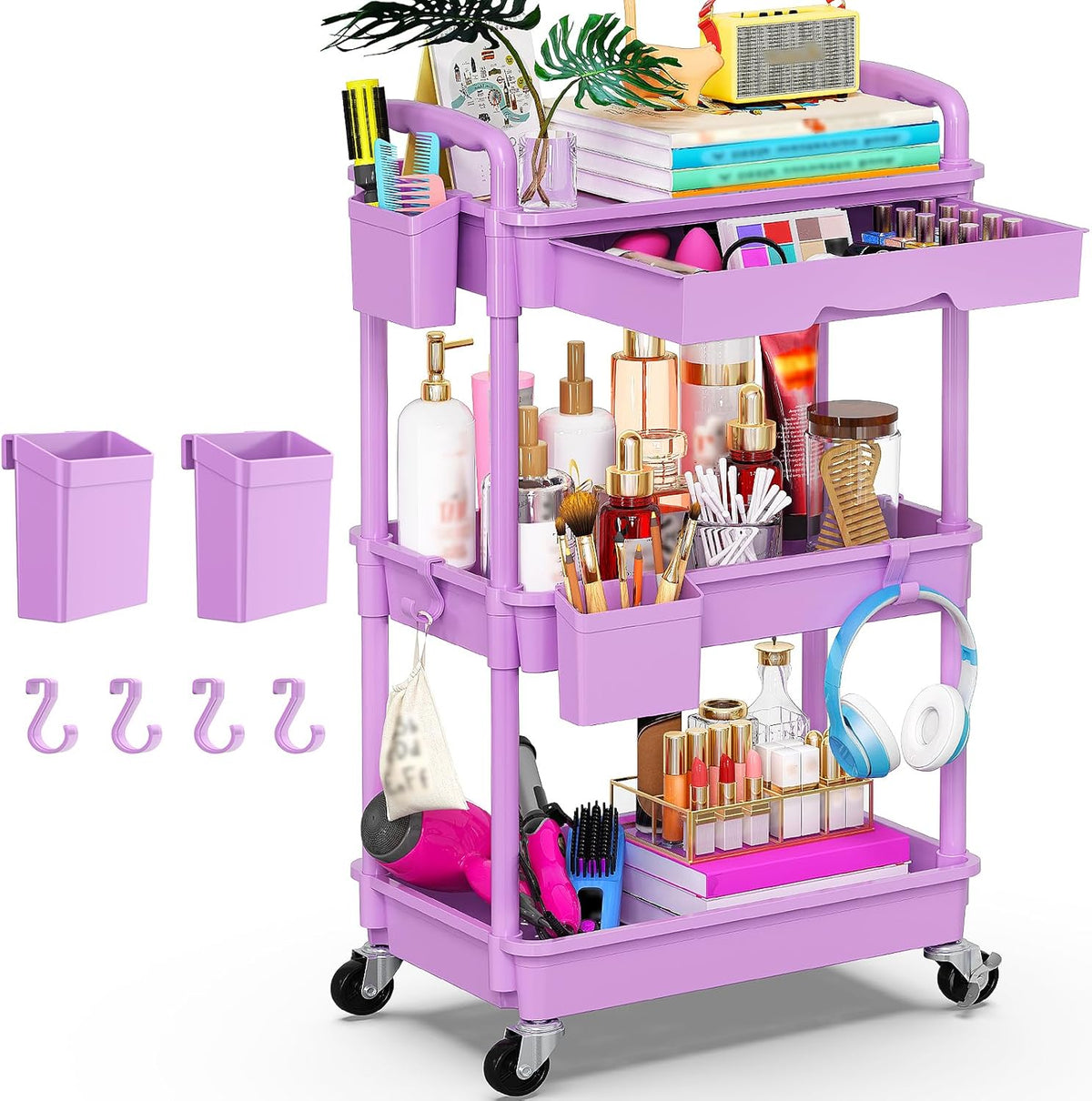 Goovilla 3 Tier Rolling Utility Cart Organizer with Removable Drawer, Stable and Sturdy Black Rolling Storage Carts with 2 Lockable Wheels for Bathroom, Kitchen, Snack, Craft, Makeup, Baby Essentials