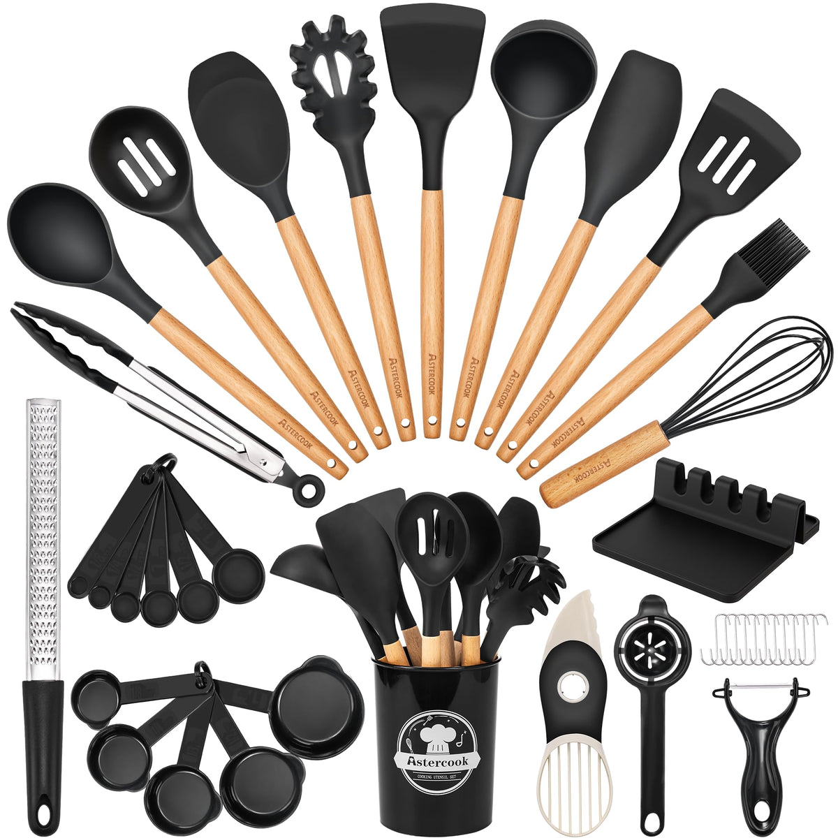 Astercook 39 PCS Kitchen Utensils Set, Silicone Cooking Utensils Set with Wooden Handle, 446°F Heat Resistant Food Grade Utensil Sets, BPA Free Kitchen Gadgets Tools Set for Nonstick Cookware (Black)