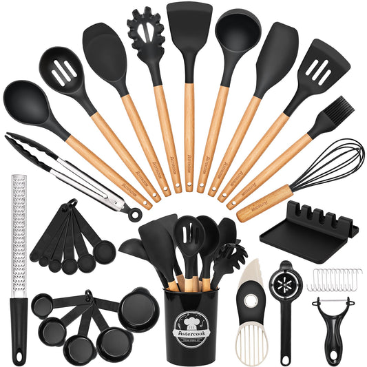 Astercook 39 PCS Kitchen Utensils Set, Silicone Cooking Utensils Set with Wooden Handle, 446°F Heat Resistant Food Grade Utensil Sets, BPA Free Kitchen Gadgets Tools Set for Nonstick Cookware (Black)