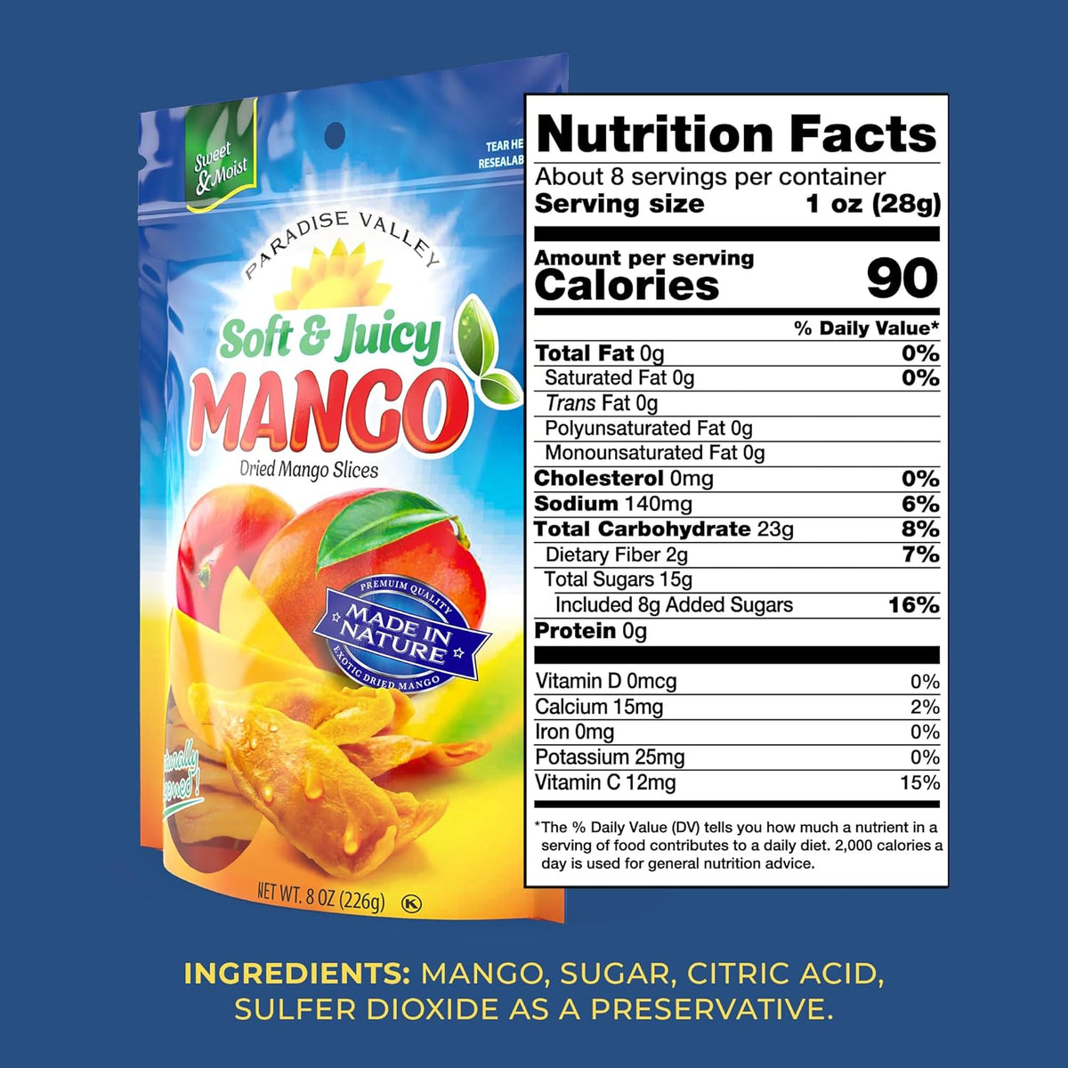 Dried Mango Slices - Delicious Texture Soft & Juicy Low Sugar Added Dried Mango - Naturally Ripened Mangos Dried Fruits - Gluten Free Dry Mangoes Natural Source of Vitamin C, Fiber, 16 oz (16 Single Pack)