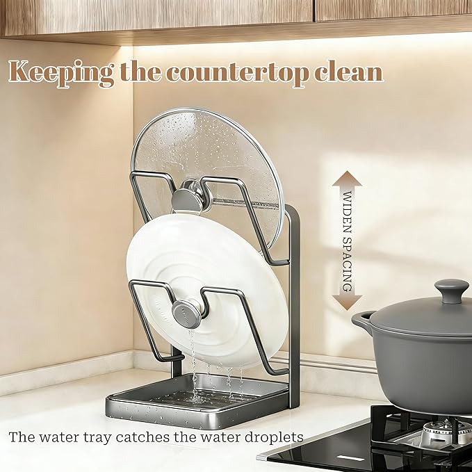 304 Stainless Steel Kitchen Pot Lid Storage Rack, Pot Lid Holder while Cooking, Pot Lid Organizer with Removable Tray & Spoon Rest,Waterproof & Rustproof(Grey, 1 Layer)