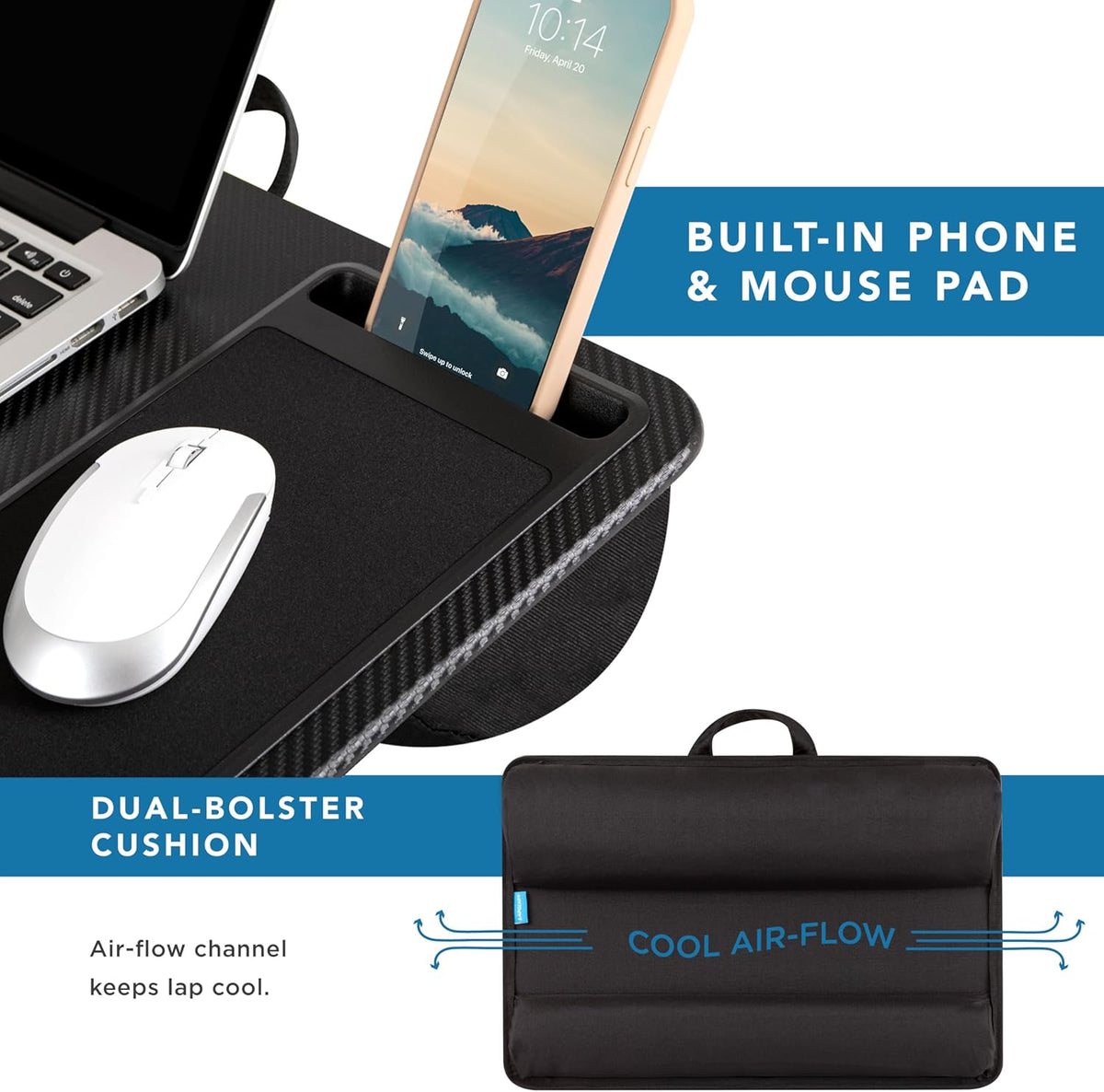 LAPGEAR Home Office Pro Lap Desk with Wrist Rest, Mouse Pad, and Phone Holder - Black Carbon - Fits up to 15.6 Inch Laptops - Style No. 91598