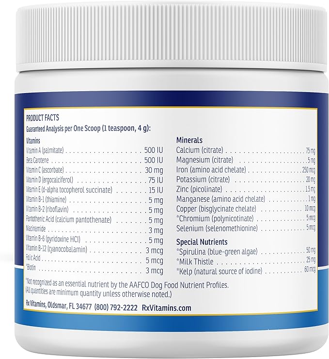 Rx Vitamins Essentials for Dogs - Daily Vitamins & Minerals - with Blue Spirulina, Kelp Powder, and Milk Thistle - Complete Canine Vitamins and Essential Minerals Powder - 8 oz