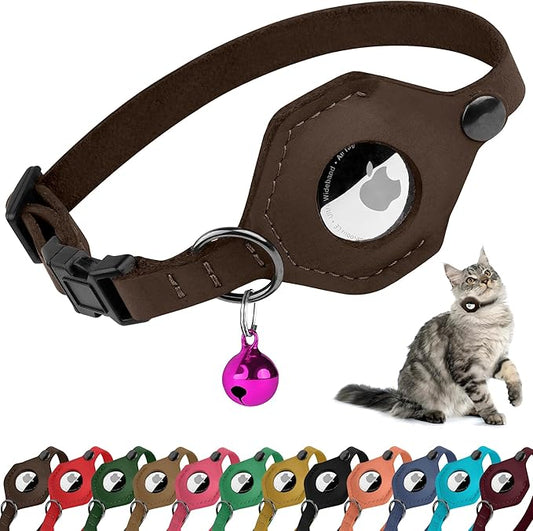 Breakaway Airtag Cat Collar with Removable Bell - Leather Pet Collar with Apple Air Tag Holder - Adjustable GPS Collars for Girl Boy Cats Kitten Puppy - Lightweight, Cute and Comfortable (Chocolate)