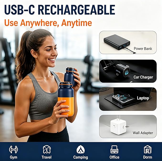 Portable Wireless Juicer Cup for Protein Shakes & Smoothies, 45oz USB-C Rechargeable Blender with 38 Stainless Steel Blades for Ice, Frozen Fruit, Gym, Travel & Camping (Blue, 44, Fluid Ounces)