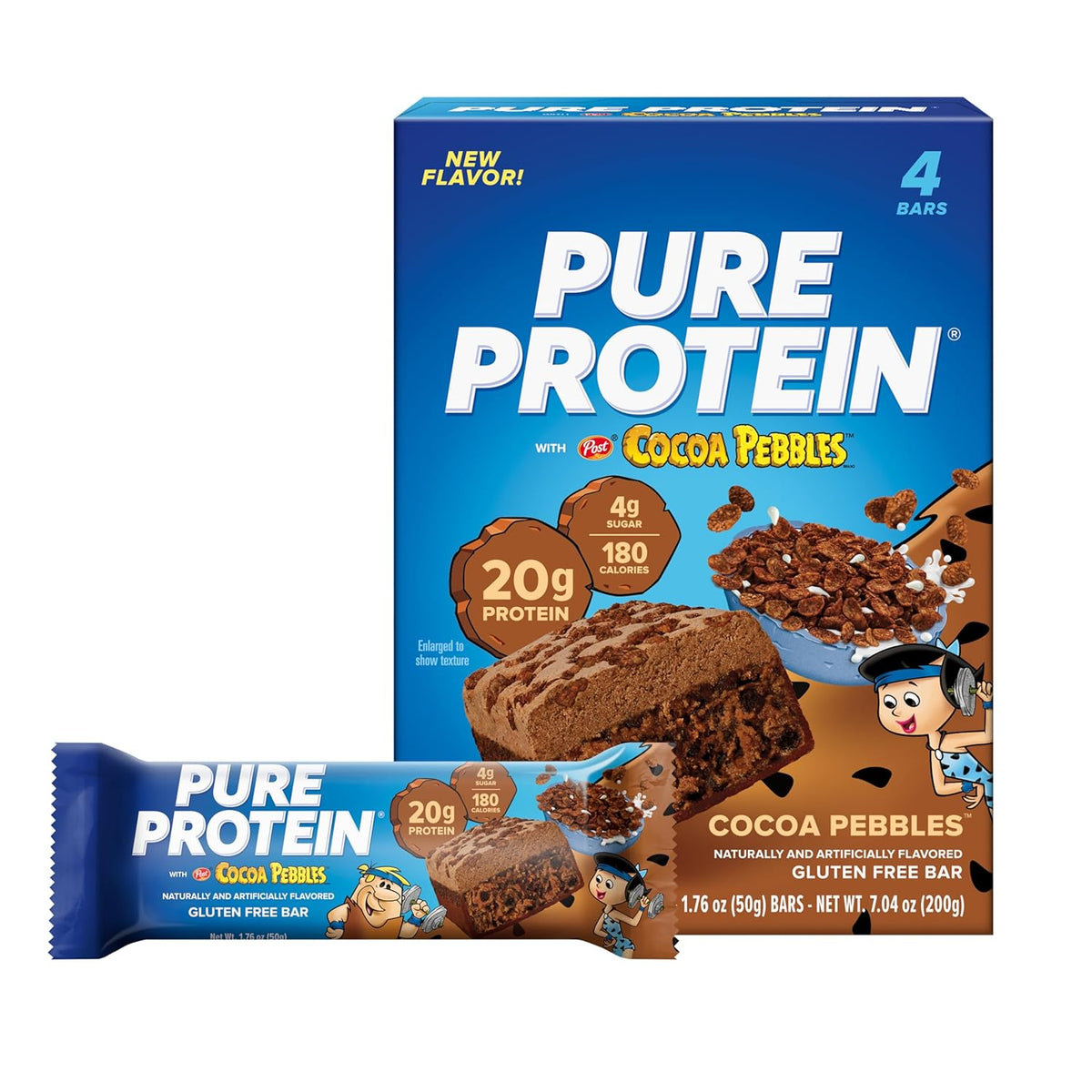 Pure Protein Cocoa PEBBLES™ Protein Bars – 20g Protein, 4g Sugar, 180 Calories (4 count) Low Sugar* High Protein Snack - Gluten Free - Perfect for a Healthy Snack.