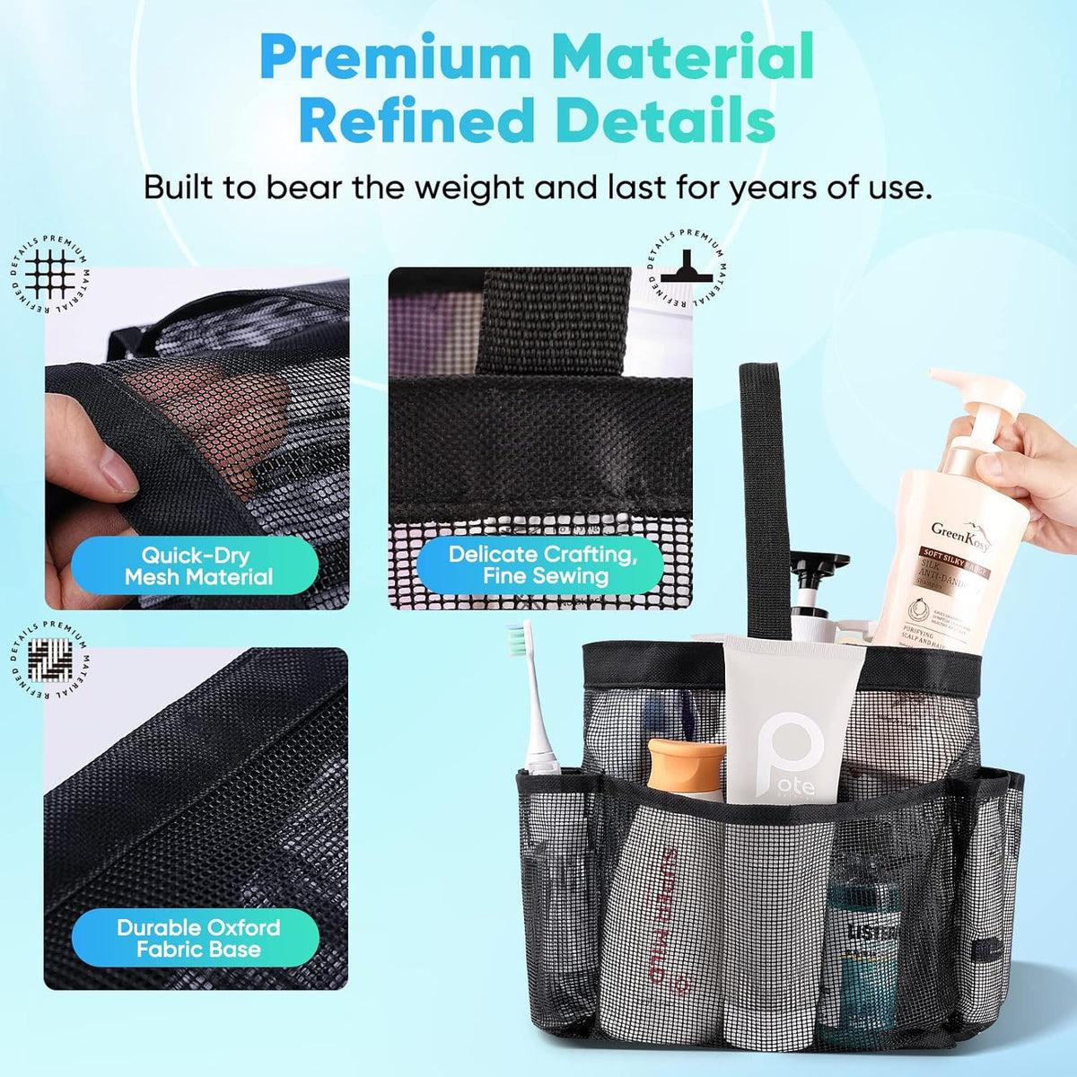 Mesh Shower Caddy Portable for College Dorm Room Essentials, 8-Pocket Large Capacity Shower Bag for Beach, Swimming, Gym