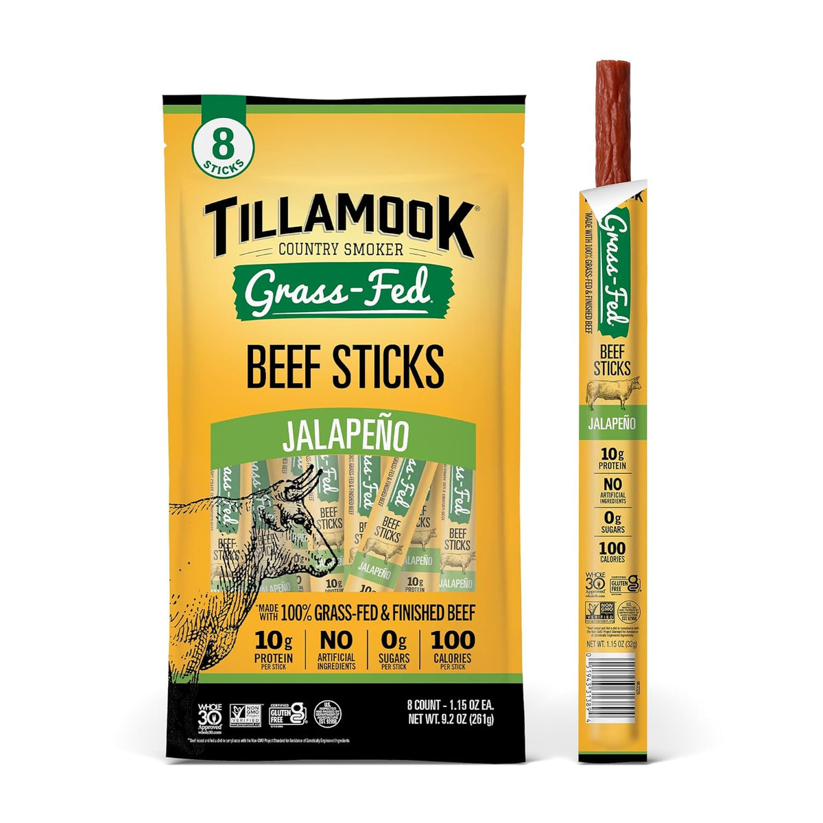 Tillamook Country Smoker 100% Grass Fed Beef Sticks, Zero Sugar, Original, 1.15 Ounce, 8 Pack, Non-GMO Clean Meat Snacks, 10g High Protein Per Stick, Gluten Free Keto Snack, Individually Wrapped