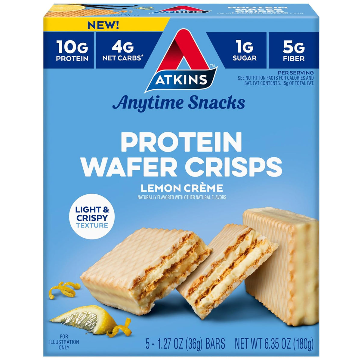 Atkins Lemon Wafer Crisps, Protein Snack, 10g Protein, 4g Net Carbs, 1g Sugar, 5g Fiber, 5 Count