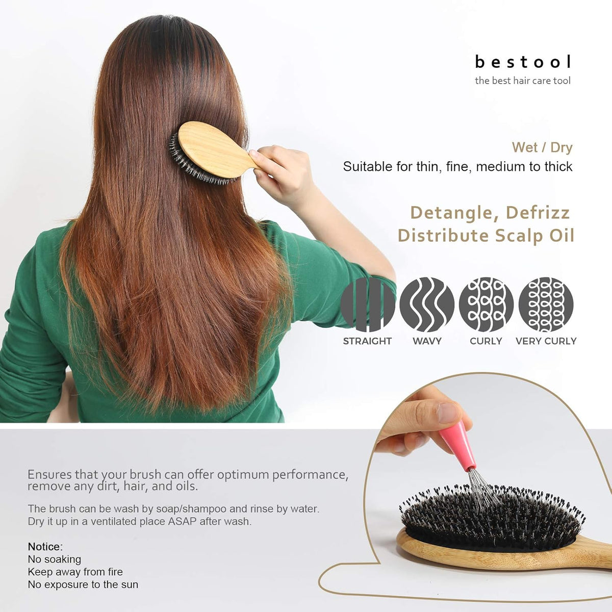 BESTOOL Hair Brush-Boar Bristle Hair Brushes Natural Bamboo Wooden Cushion Massage Anti Static Large Paddle Hairbrush for Women Men and Kid (Round)