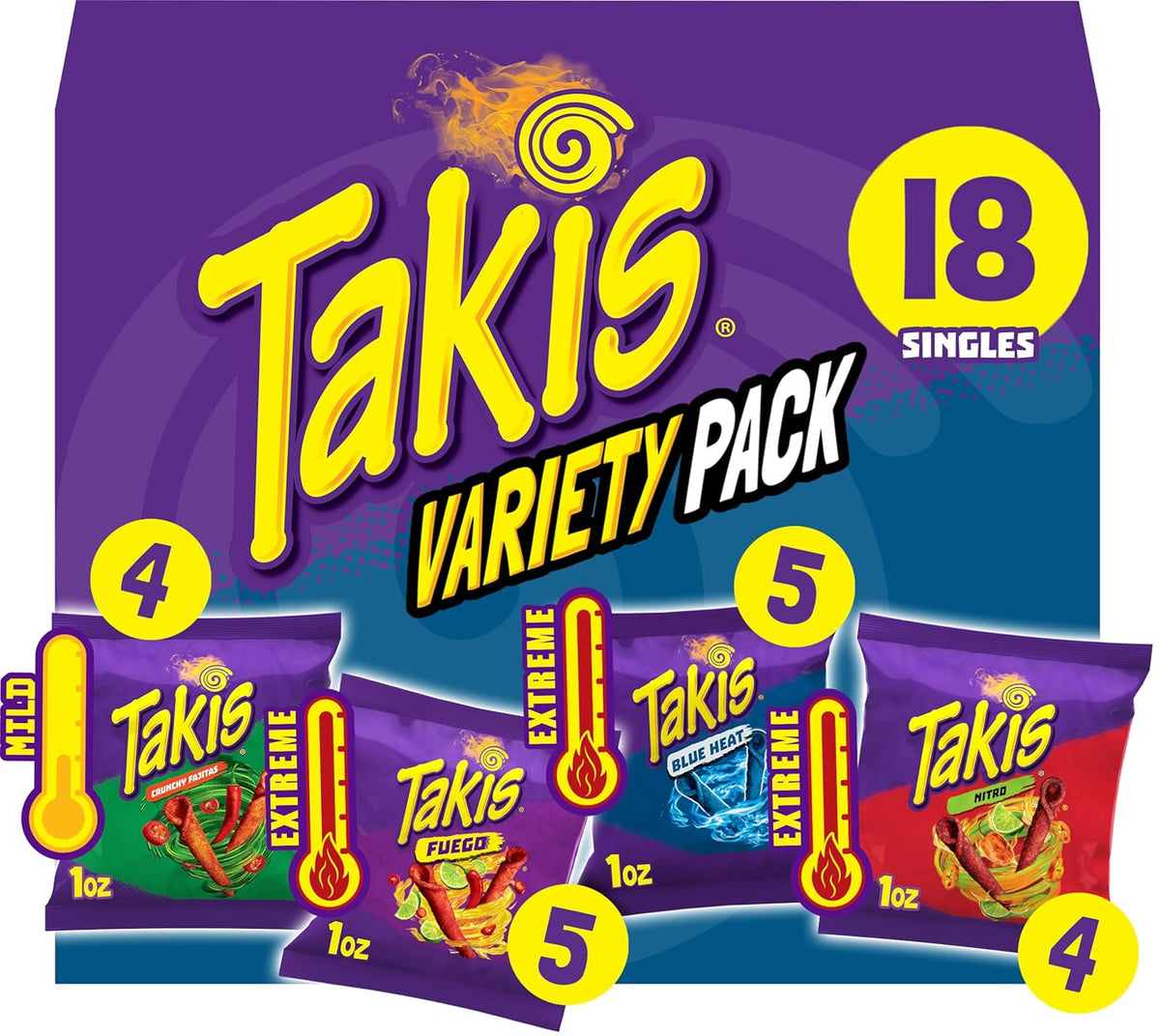 Takis 18 pc / 1 oz Variety Pack, Assorted Flavored Mixed Rolled Tortilla Chips – (5) Fuego, (5) Blue Heat, (4) Nitro, (4) Crunchy Fajitas