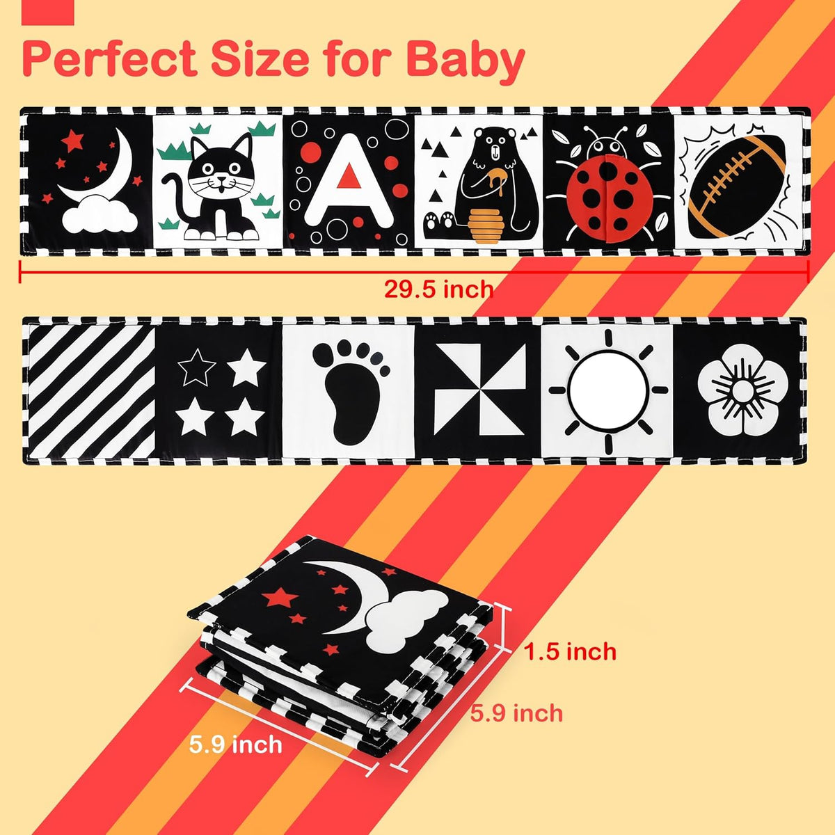 URMYWO Black and White Baby Toys, Tummy Time High Contrast Newborn Toys 0-3 Months, Soft Baby Book, Visual Stimulation Montessori Sensory Infant Toys 0-6-12 Months, Shower Gift for Boys Girls