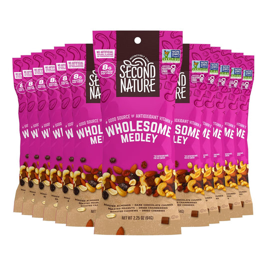 Second Nature Wholesome Medley Trail Mix - 12 Count, 2.25 oz Individual Snack Packs, Certified Gluten-Free – Dark Chocolate, Dried Fruit and Nut Trail Mix, Ideal for Travel Snacks