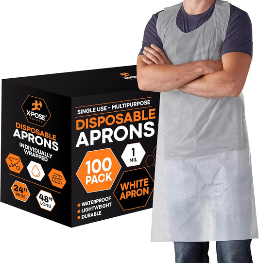 Xpose Safety 100 White Plastic Disposable Aprons for Cooking & more Individually Packaged, Durable 1 Mil Waterproof Polyethylene 24" x 48"