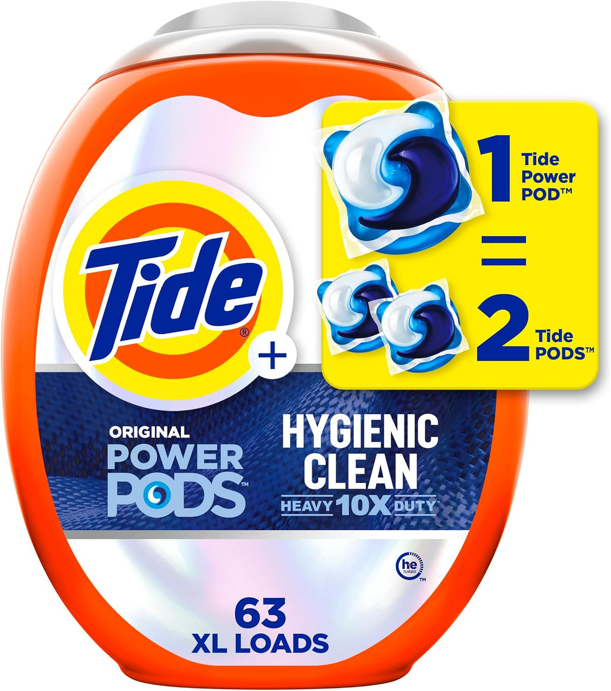 Tide Hygienic Clean Heavy 10x Duty Power PODS Laundry Detergent Pacs Original 63 count For Visible and Invisible Dirt (Pack of 1)