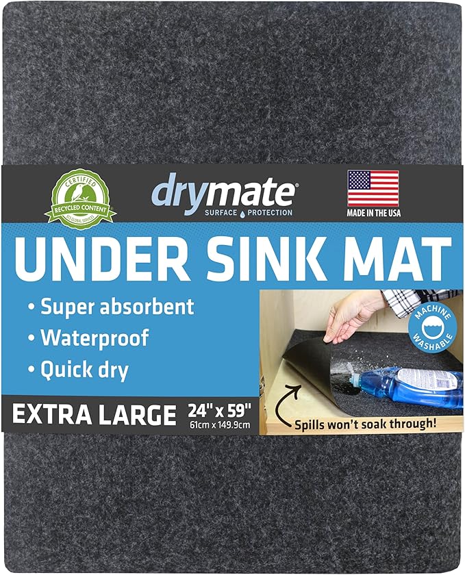 Drymate Premium XL Under Sink Mat, Waterproof Cabinet Protection Mats for Kitchen & Bathroom, Absorbent Shelf Liners, Slip-Resistant, Non-Adhesive, Machine Washable (USA Made)(24”x59”)(Charcoal)