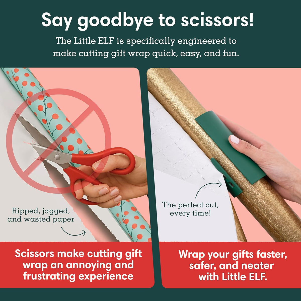 Little ELF Wrapping Paper Cutter (2-Pack) | As seen on Shark Tank | Made in USA | Green | Holiday Gift Wrap Paper Roll Holder and Cutter