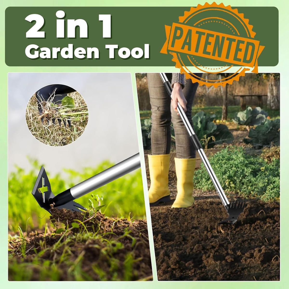 Weed Puller Tool with Long Handle - 60" Manual Weeder Remover Tool, 2 in 1 Hand Weed Rake and Garden Hoe for Gardening, Heavy Duty Uprooting Weeding Pull for Yard, Lawn, Patio and Garden