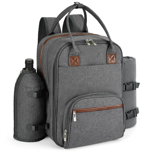 ALLCAMP Picnic Backpack - Insulated Cooler Bag with Compartment, Detachable Wine Glass Holder, Throw Blanket & Cutlery Set, 2 Person Picnic Set for Family Outings, Couple Gifts (Gray)