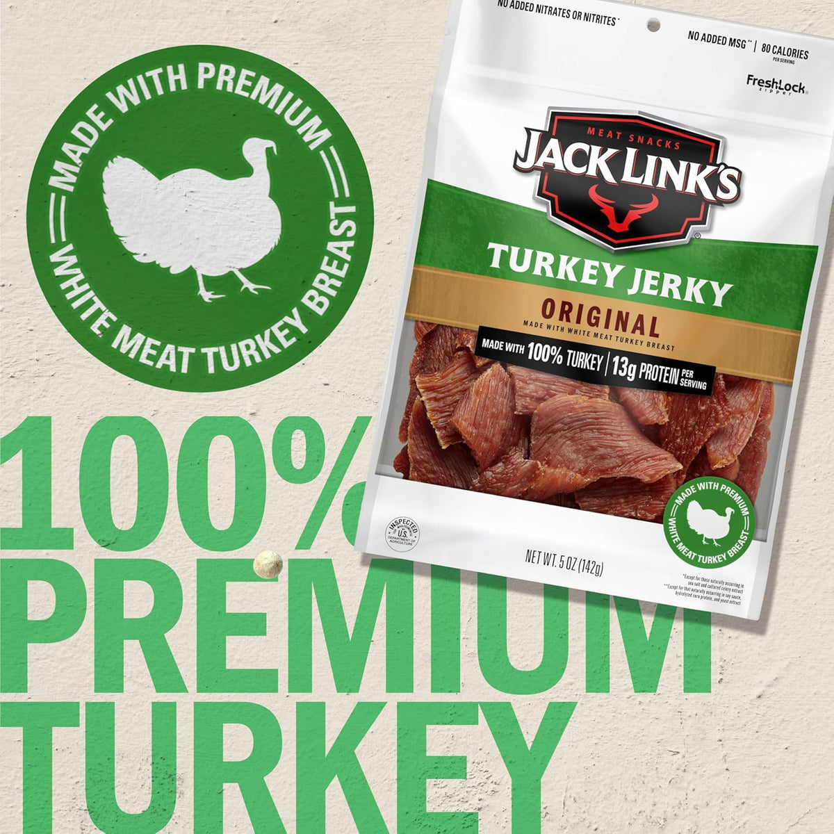 Jack Link's Turkey Jerky, Original, Jerky Bag - Flavorful Snack, Ready to Eat Protein Snacks with 13g of Protein per Serving, Made with 100% Turkey, Keto Friendly - 5 Oz.