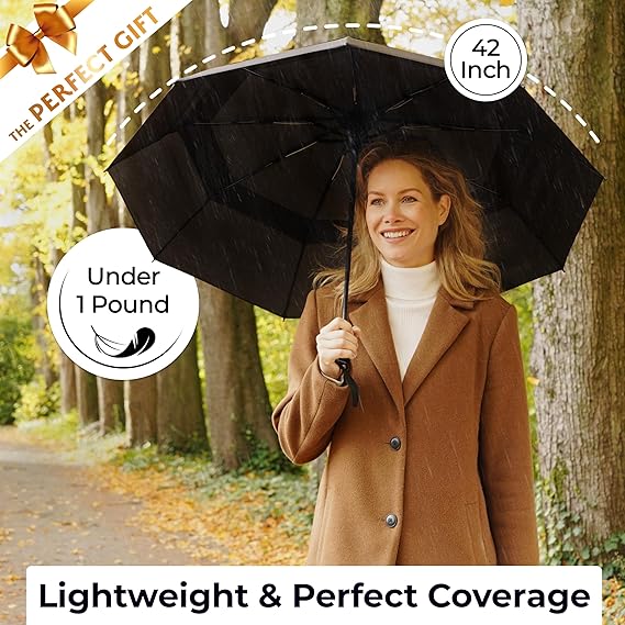 TUMELLA Strongest Windproof Travel Umbrella (Compact, Superior & Beautiful), Small Strong but Light Portable and Automatic Folding Rain Umbrella, Durable Premium Grip, Fits Car & Backpack