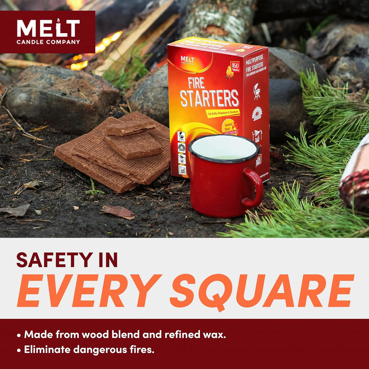 Melt Candle Company Fire Starter Squares, 160 Pieces - Fire Starters Kit for Campfires, Grill, Outdoor Fire Pit, Fireplace, BBQ - Water Resistant & Odorless - Camping Accessories
