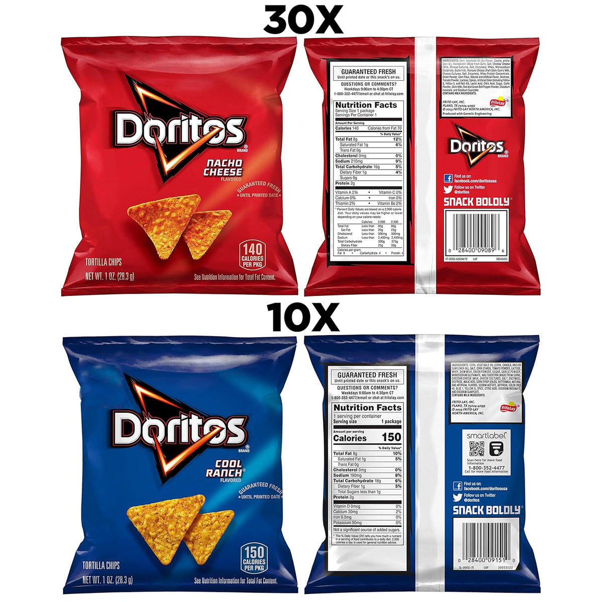 Doritos Flavored Tortilla Chips, Favorites Variety Pack (Nacho Cheese and Cool Ranch), 1 Ounce (Pack of 40)