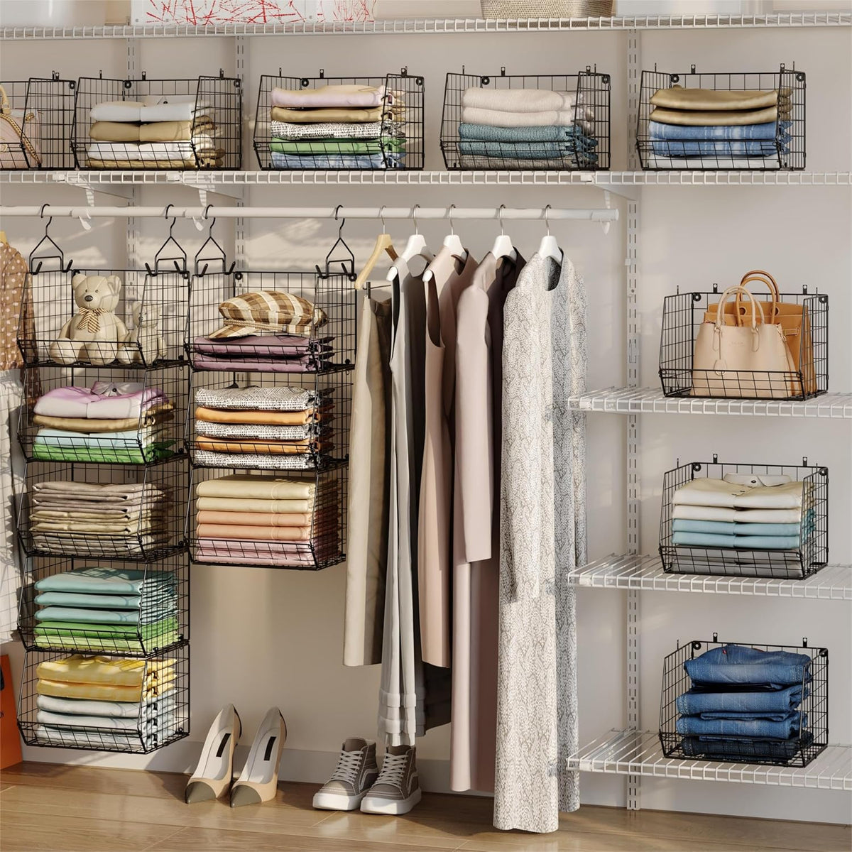 5 Tier Closet Hanging Organizer, Clothes Hanging Shelves with 4 Hanging Hooks 5 S Hooks, Wire Storage Basket Bins, for Clothing Sweaters Shoes Handbags Clutches Accessories Patent Design