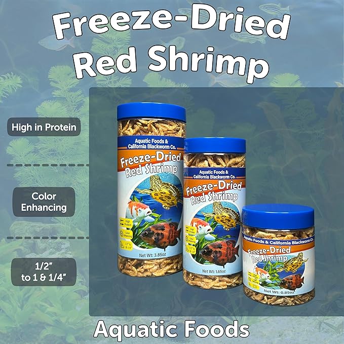 Aquatic Foods Inc. Red Shrimp, Freeze Dried 1/2" to 1 & 1/4" Floating Red River Shrimp for Cichlids, All Tropical Fish, Koi & Pond Fish, Aquatic Turtles, Reptiles, Rodents 2oz Canister