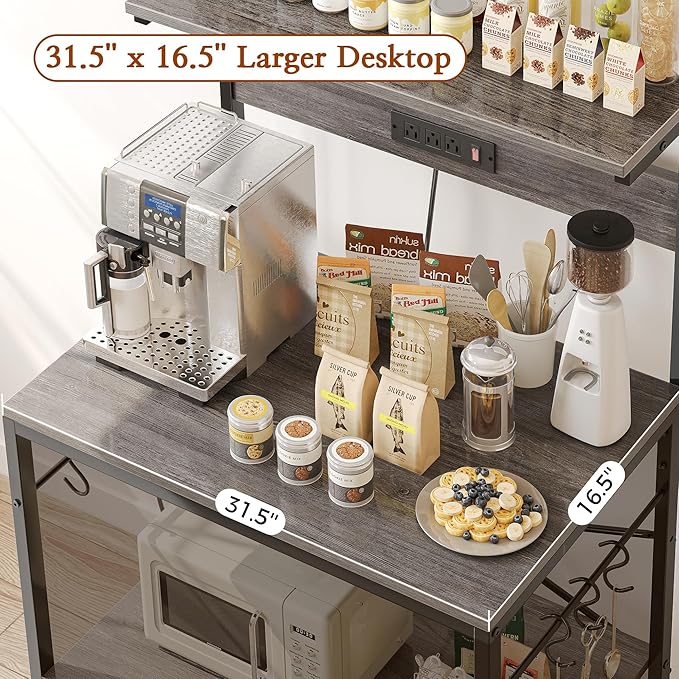 SUPERJARE Bakers Rack with Power Outlets, Microwave Stand, 31.5 X 16.5 Inch Larger Desktop, Kitchen Storage Rack with Adjustable Middle Shelf, 6 S-Shaped Hooks, Coffee Bar Stand, Grey