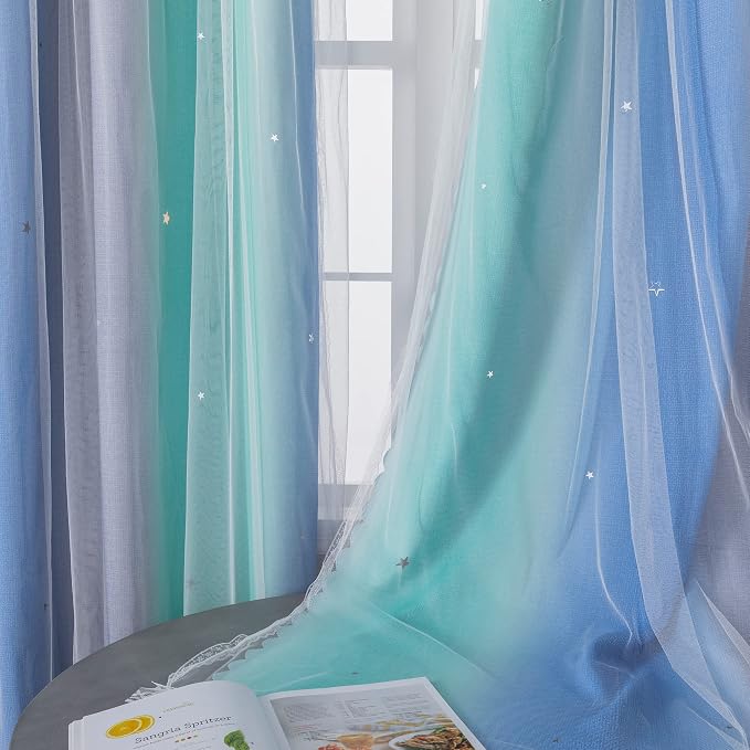 XiDi Curtains for Bedroom Decor, Rainbow BluGrenGrey-34-45