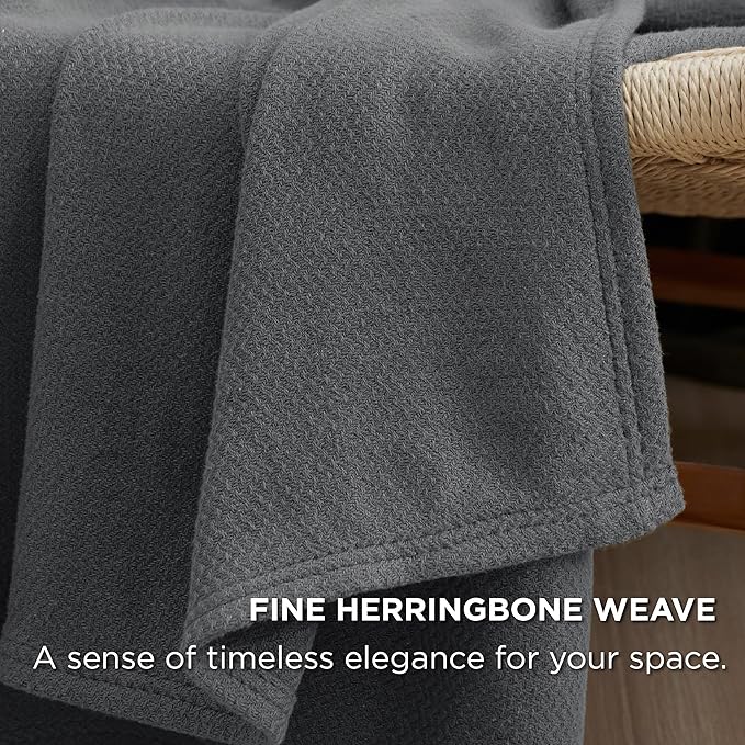 Bedsure 100% Cotton Large Throw Blanket for Couch 50x70 inches - Breathable and Lightweight, Soft Cozy Herringbone Woven Blanket for Summer Spring, Dark Grey