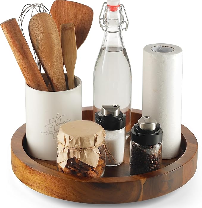 TIDITA 10" Acacia Wood Lazy Susan Organizer for Cabinet - Round Lazy Susans Turntable for Countertop - Wooden Kitchen Rotating Storage Food Bin Container for Centerpiece Table, Spices, Pantry