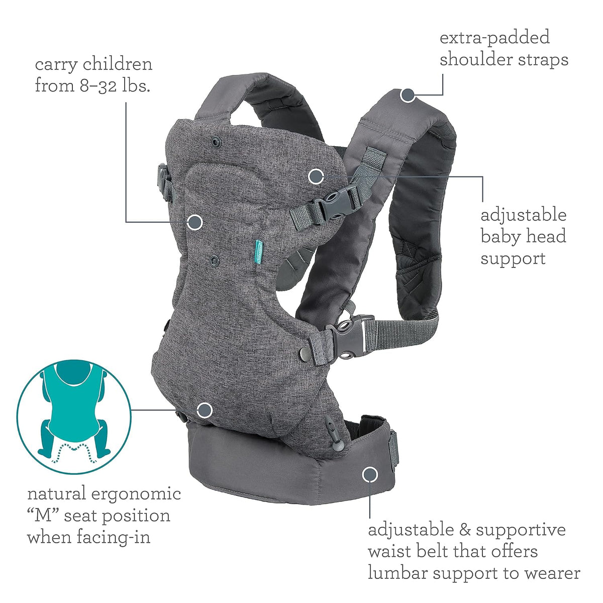 Infantino Flip 4-in-1 Convertible Baby Carrier, Adjustable, Ergonomic Babywearing, Registry Essential, Baby Carrier for Newborn to Toddler, Gray